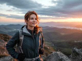 Naklejka premium 멋진 풍경의 정상에 오른 그녀