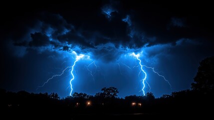 Blue lightning strikes in dark skies at night