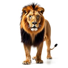 Obraz premium Majestic Male Lion Standing on White Background – Powerful Wild Animal Portrait for Wildlife and Nature Concepts.