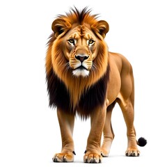 Fototapeta premium Majestic Male Lion Standing on White Background – Powerful Wild Animal Portrait for Wildlife and Nature Concepts.