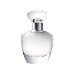 Elegant clear glass perfume bottle with silver accents on a transparent background Concept of fragrance, beauty, and luxury
