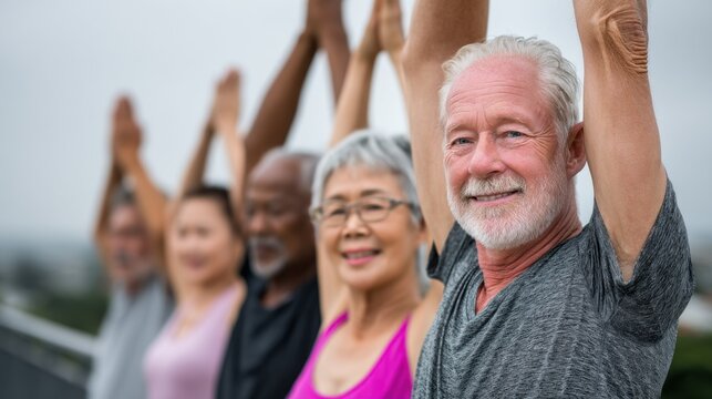 Diverse group stretches, arms raised overhead, smiling