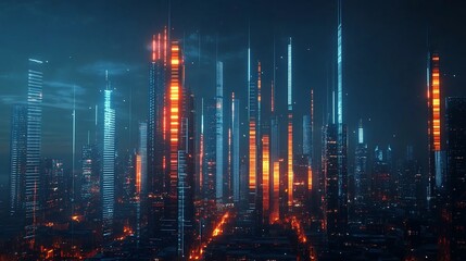 Futuristic cityscape with glowing buildings at night creating a dynamic urban panorama