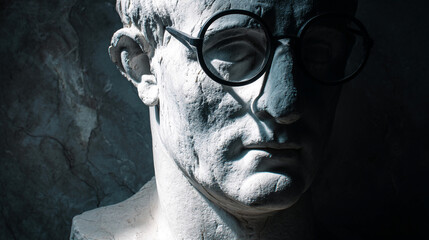 Close-up of a stone bust wearing round glasses, illuminated by dramatic lighting, showcasing intellectualism, wisdom, and classical art, ideal for historical or academic concepts