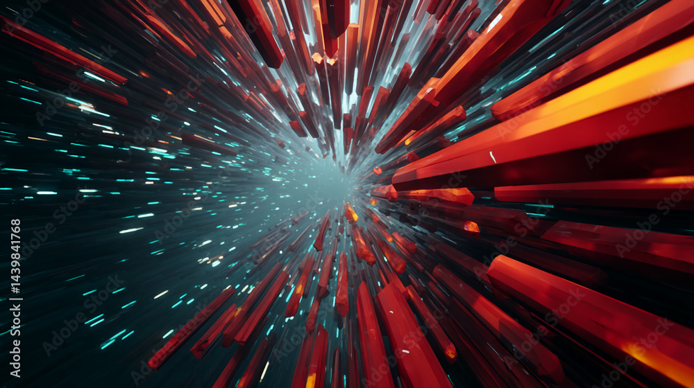 Aufkleber Abstract image of red and teal geometric shapes converging towards a central point, creating a dynamic, high-energy visual effect symbolizing speed, technology, and innovation