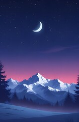 Peaceful Crescent Moon Over Snowy Mountains at Twilight Phone Wallpaper

