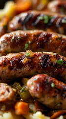 Vertical close-up of Stoemp, showcasing creamy mashed potatoes, vegetables, sausage, and fresh herbs