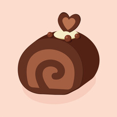 A cute chocolate Swiss roll cake illustration with a creamy swirl center and heart-shaped topping. Perfect for bakery branding, dessert menus, kawaii food designs, stickers, and sweet-themed graphics.