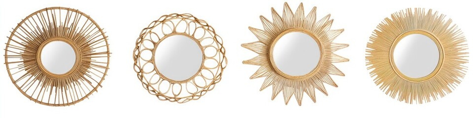 Four round rattan mirrors in sunburst and floral designs