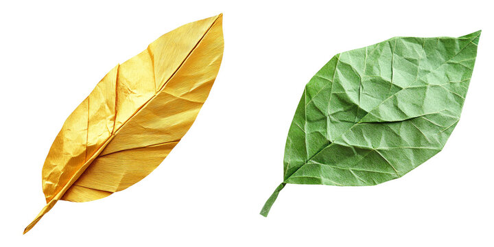 Decorative golden and green leaves in paper cut style isolated on transparent PNG image perfect for eco themed prints or fall visuals