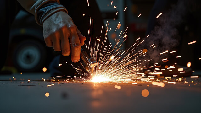 Person Welding with Sparks and Smoke - Powered by Adobe