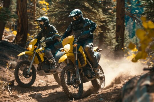 Two motorcyclists riding in dense forest path. Neural network AI generated