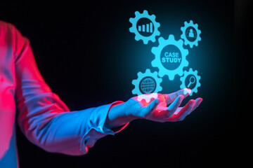Businesswoman show icon of case study on her hand. Technology innovation on virtual screen. Concept of case study education. Analysis of situation to find solution. Illuminated with blue and red light