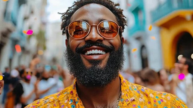 Joyful man with beard and sunglasses smiles brightly in colorful shirt on vibrant street filled with lively people.