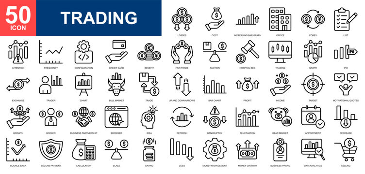 Trading icon set collection. Recycling, data analytics, stock market, money management, financial, data statistics icon. Simple line vector.