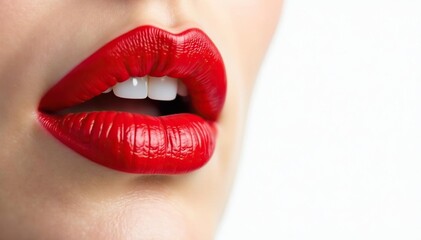 Obraz premium Close-up vibrant red lipstick, stark white backdrop, graphic, clean, lip
