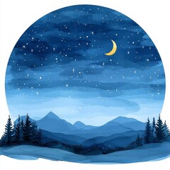Fototapeta premium Nocturnal Mountain Range Watercolor Painting with Crescent Moon and Stars