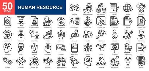 Human Resource icon set collection. Data management, businessman, market research, employee, development icon. Simple line vector.