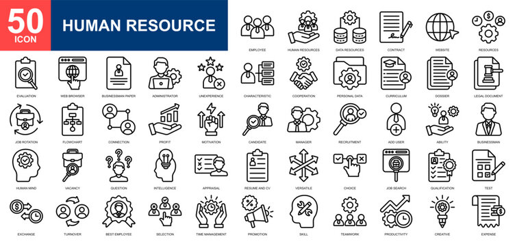 Human Resource icon set collection. Data management, businessman, market research, employee, development icon. Simple line vector.