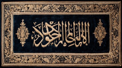 Intricate Arabic Calligraphy on Black Velvet Background with Gold Thread