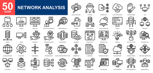 Network Analysis icon set collection. Cloud compunting, seo and web, data management, market research, digital service icon. Simple line vector.