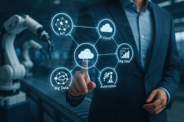 Businessman managing cloud computing, big data, iot, and automation in a smart factory