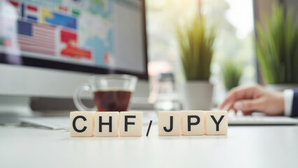 Foreign exchange market with currency CHF JPY on desk, trading swiss currency and japanese yen