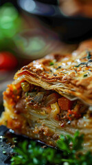 Vertical close-up of Timbale, showcasing the golden crust and hearty meat and vegetable filling