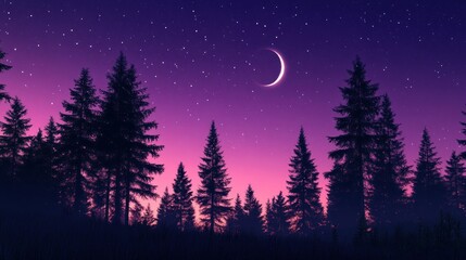 Silhouettes of evergreen trees against a vibrant night sky with a crescent moon