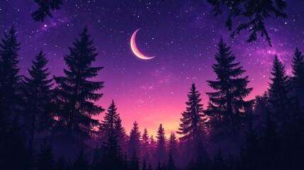 Naklejka premium Mystical forest at night under a crescent moon