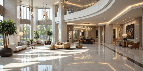 Luxury hotel lobby with a marble floor, gold-accented furniture, and chandeliers. Task lighting emphasizes seating areas, while ambient lighting creates