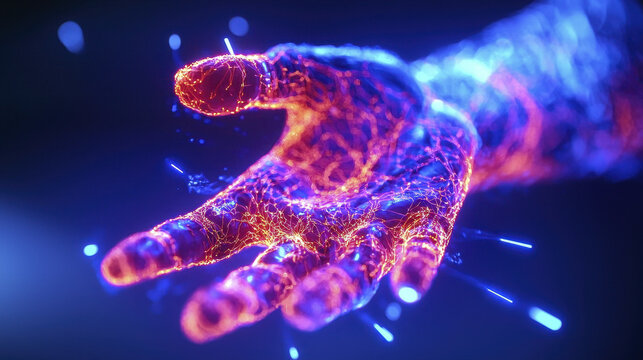 glowing hand with vibrant energy patterns, symbolizing creativity and innovation