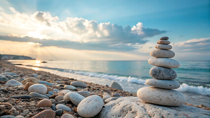 Fototapeta premium Tranquil Zen Stones on Serene Beach Under Soft Ocean Sky