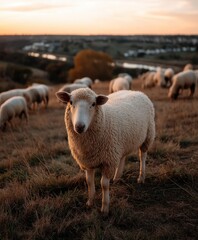 Sheep grazing in a peaceful landscape during sunset in the countryside