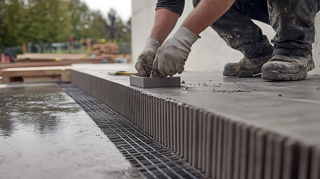Construction Worker Laying Concrete Blocks