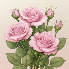 Naklejka premium Pale Pink Roses Bouquet Close Up Detailed Illustration