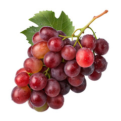 Fototapeta premium Fresh cluster of red grapes with a green leaf, isolated on a transparent background (PNG).