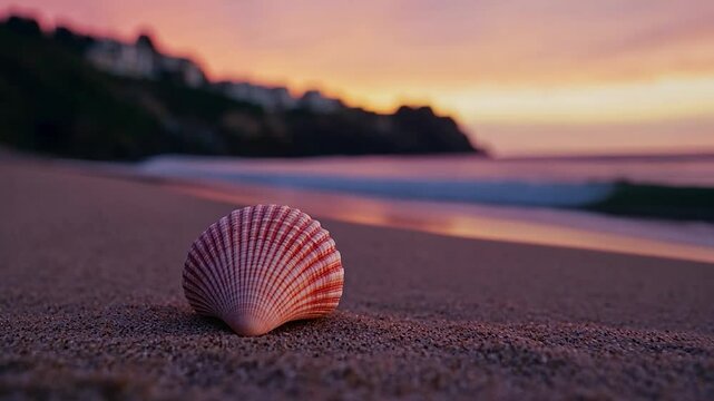 Pink seashell on beach at sunrise