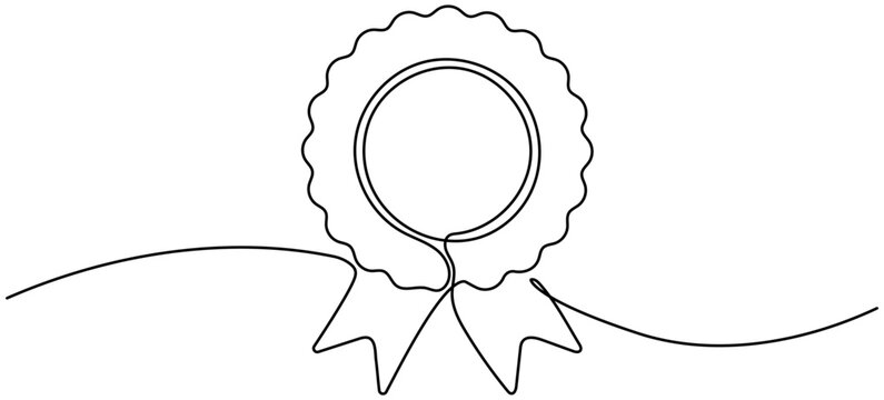 Award badge continuous line drawing. Medal with ribbons. Vector illustration isolated on white.
