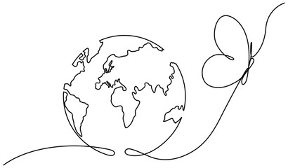 Earth globe with flying butterfly continuous line drawing symbol. World map one line art. Springtime concept. Vector illustration isolated on white background.