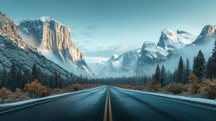 Road leads to majestic snow-capped mountain peaks