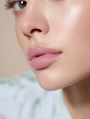 Obraz premium Close-up of a woman's face showcasing natural beauty and soft makeup during a beauty session at home