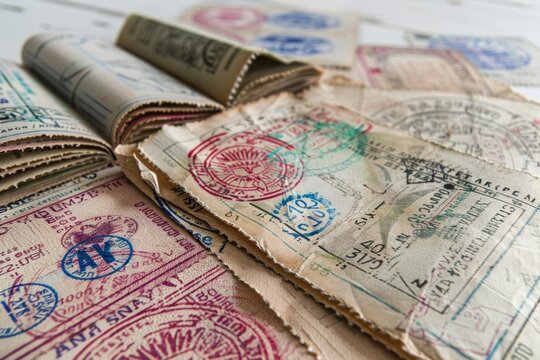 Selective focus on a collection of fictional used postage postmarks and stamps. Neural network ai generated