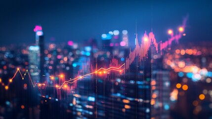Fototapeta premium Financial Market Analysis Overlaying Cityscape with Dynamic Growth Trend Visualization