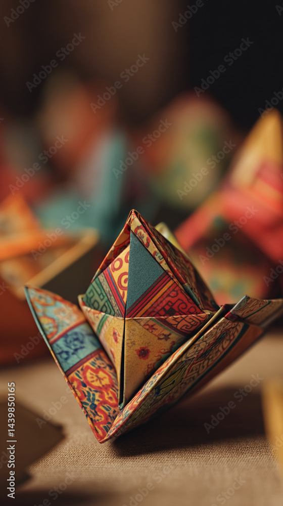Poster Close-up of colorful origami paper structure, intricate folds and patterns creating a complex geometric shape, showcasing detailed craftsmanship and artistic design