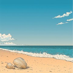 Obraz premium Peaceful Beach Scene Blue Sky, Gentle Waves, and Smooth Rocks