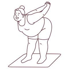 Black and white line art of curvy woman practicing yoga in forward bend pose. Plus size body movement with confidence