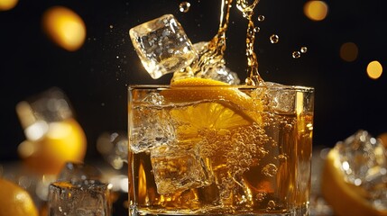 juice pouring into cubed ice, deep amber and citrus flash .
