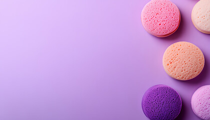 Stylish presentation of makeup sponge on violet background, space for text
