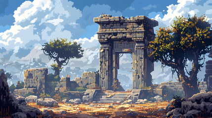Fototapeta premium Ancient Stone Ruins Against Cloudy Sky in Pixel Art Style With Trees and Rock Formations